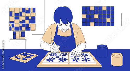Artist Painting Floral Patterns on Ceramic Tiles, Creative Hobby