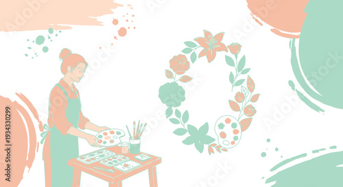 Artist Painting Floral Wreath, Creative Hobby, Art Studio Background