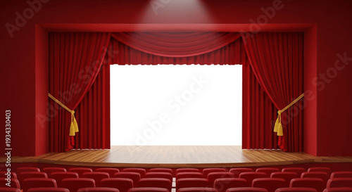 Empty theater stage with red curtains and seating.