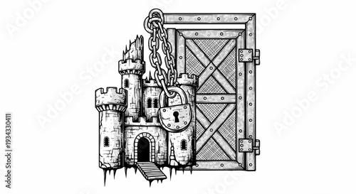 A locked, fortified castle with a heavy door, chained and secured