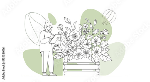 Artist Illustrating Floral Design in Wooden Crate