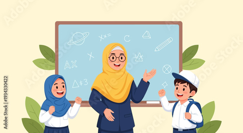 Muslim teacher explaining science to young students in classroom.