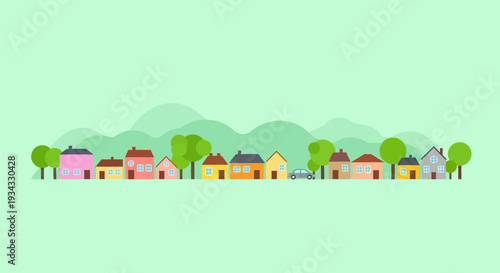 Colorful cartoon houses and trees in a serene landscape.