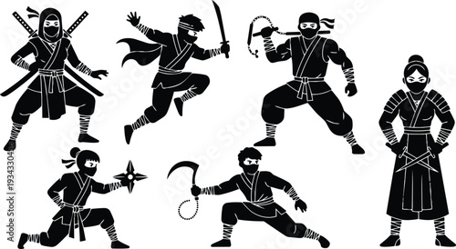 Flat silhouette illustration front view group of six ninjas in action poses with swords shuriken and kusarigama on white background dramatic high contrast masked characters poised