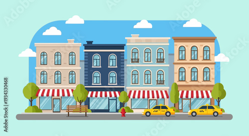 Colorful cartoon illustration of urban buildings with shops and taxis on a city street.