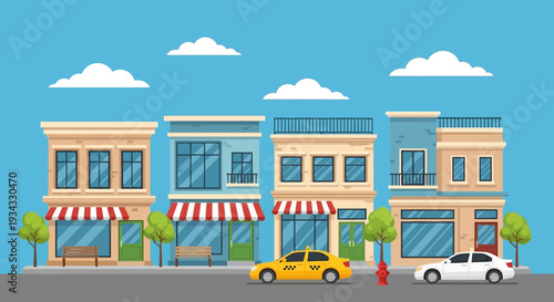 Colorful illustration of modern commercial buildings with cars parked outside.