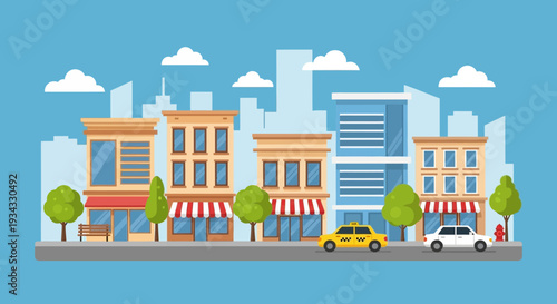 Colorful cityscape with buildings and vehicles on a sunny day.