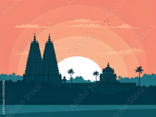 Meenakshi Amman Temple silhouette minimal vector, dual gopuram skyline, warm orange to pink gradient sunset sky