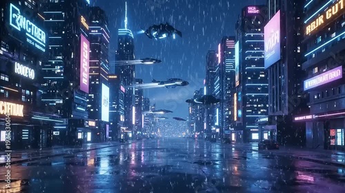 Futuristic Cityscape with Flying Vehicles at Night.