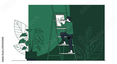 Artist on Ladder Drawing Butterfly Sketch in Green Nature Inspired Studio