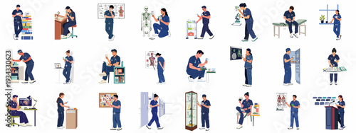 Healthcare professionals and students engaged in medical study, research, and daily tasks in diverse clinical and educational settings.