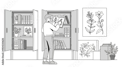 Artist Organizes Botanical Illustrations in a Studio Cabinet