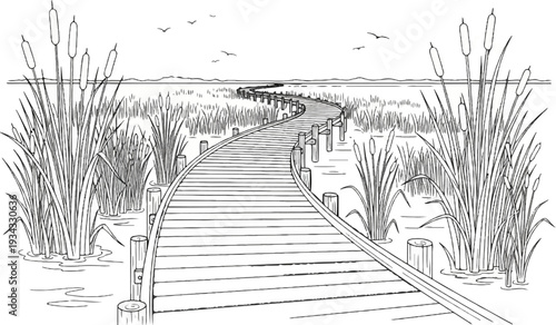 A winding wooden boardwalk leads through a marsh with tall reeds and birds in the sky