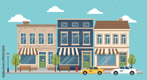 Colorful illustration of three storefronts with cars parked outside on a sunny day.