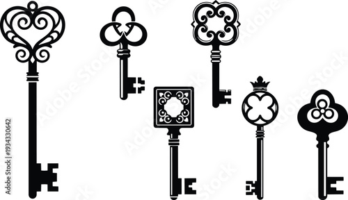 Vector vintage ornamental keys set close up black silhouettes six ornate skeleton keys with decorative bows varied shapes facing isolated on white background elegant flat design