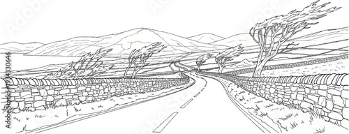 A winding road through a rural landscape with stone walls and wind-swept trees