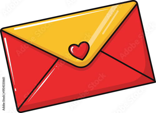 Red envelope with yellow flap and heart symbol cartoon love letter