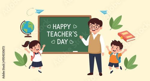 Happy Teacher's Day greeting with cartoon teacher and students.