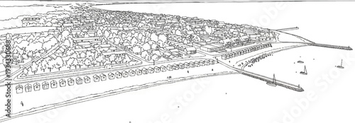 Aerial sketch of a coastal town with pier and sailboats