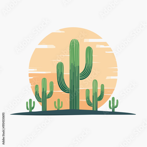 Vector illustration of cactus plant with flower in desert ecology at sunset viewpoint