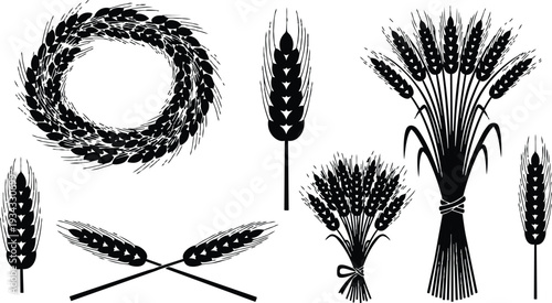 Rustic black silhouette wheat wreath and sheaf close up vector arrangement with crossed stalks single ear illustration natural high contrast isolated on white agricultural harvest symbol