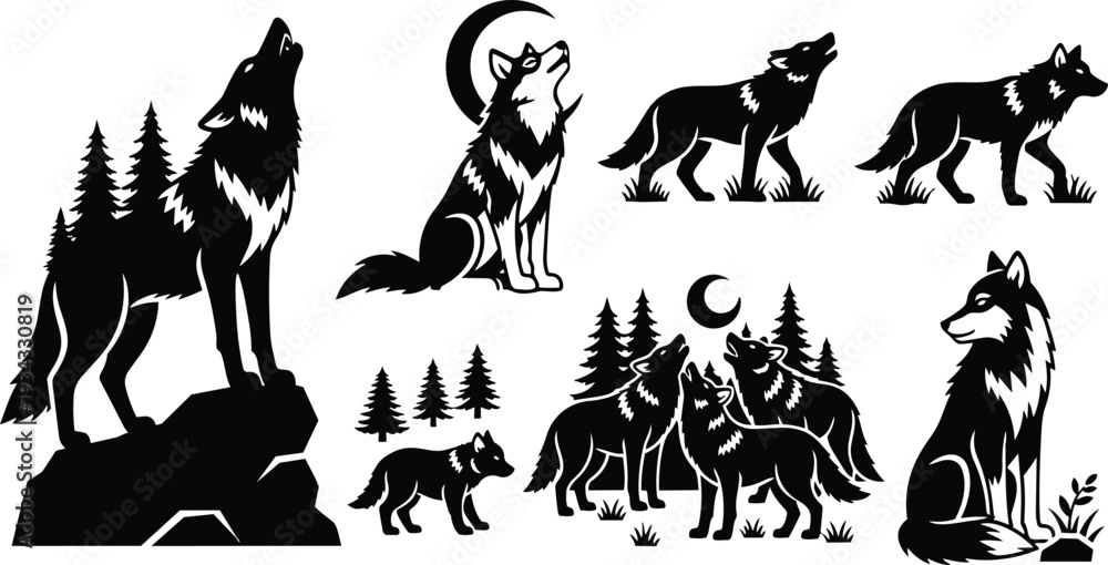 Fototapeta premium Bold tribal wolf silhouette howling on rock with pine trees close up looking away pack of wolves under crescent moon high contrast vector illustration monochrome minimal
