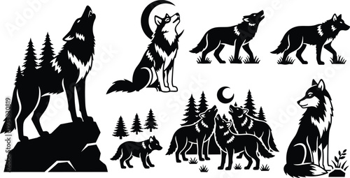 Bold tribal wolf silhouette howling on rock with pine trees close up looking away pack of wolves under crescent moon high contrast vector illustration monochrome minimal