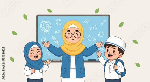 Diverse students and teacher celebrating learning in a classroom environment.