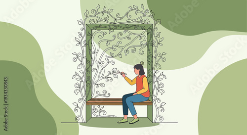 Artist painting floral design in abstract green frame, creative inspiration, nature art