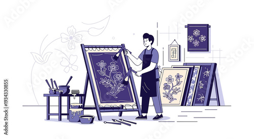 Artist Painting Floral Design on Canvas | Textile Art Creation