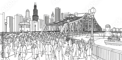 Busy city bridge scene with a crowd crossing and boats below