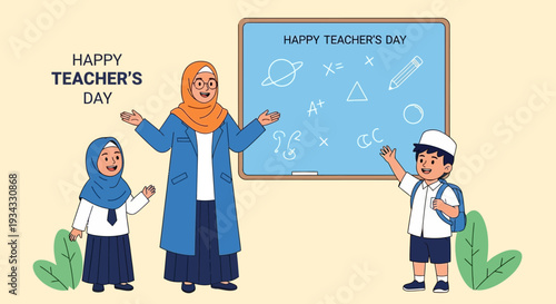 Happy Teacher's Day illustration with Muslim teacher and students.