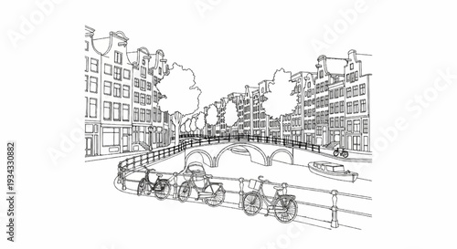 Canal scene with bicycles, bridge, and boats alongside buildings