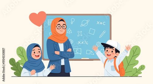 Diverse students and teacher in a classroom setting with blackboard.