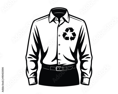 A black and white illustration of a buttonup shirt with a recycling symbol on the chest pocket area