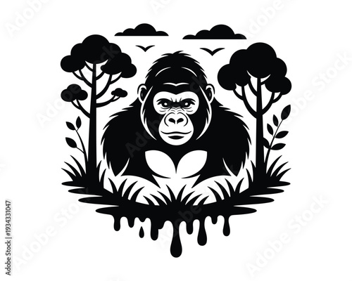A powerful gorilla portrait framed by trees grass and clouds in a stylized graphic design