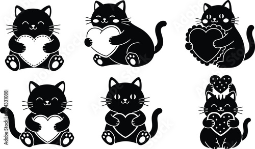 Cute black silhouette cats holding decorated hearts in various sitting and hugging poses close up vector icon set on white background playful romantic hand drawn flat
