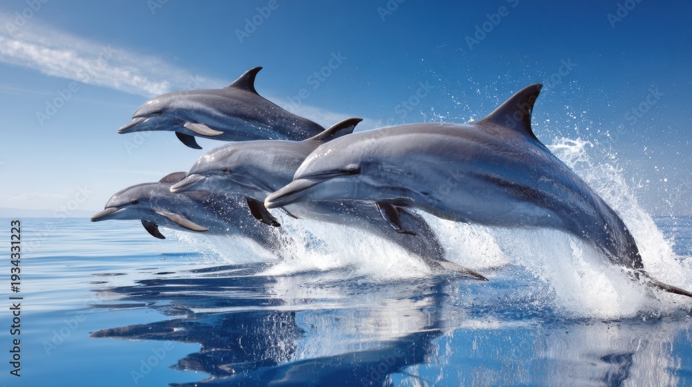 Naklejka premium Graceful Dolphin Pod Leaping and Swimming in Formation Through Blue Ocean Waters Under a Clear Sky