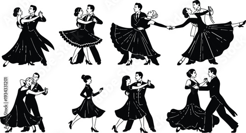 Vintage silhouette ballroom dancers in multiple partnered poses showing flowing dresses tailcoat suits close up side view elegant formal dance studio lighting classic romantic