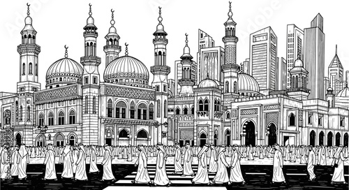 Dubai city skyline line art illustration featuring a grand mosque with modern skyscrapers and people in traditional clothing crossing streets.
