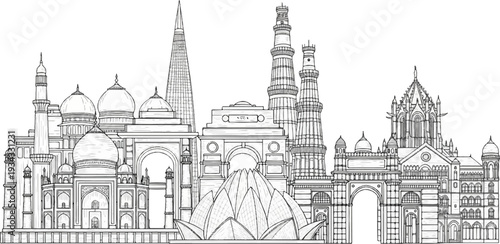 Detailed ink sketch of iconic Indian landmarks forming a skyline