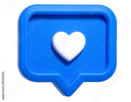 Blue social media notification speech bubble icon with white heart like symbol 3d render on isolated background