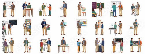 Academic professionals and learners in a variety of educational scenes, illustrating concepts of teaching, research, and collaborative study.