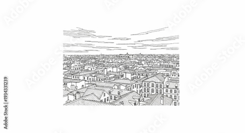 Detailed outline sketch of a sprawling European city with numerous tiled roofs