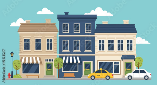 Colorful illustration of three adjacent buildings with cars parked outside.