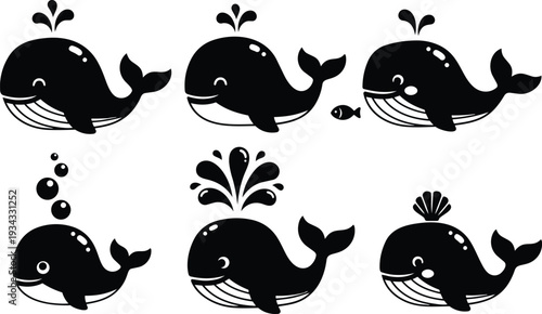 Cute cartoon whale icon set six black silhouettes different water spouts smiling profile variations with small fish bubbles and shell accent flat vector style minimal playful
