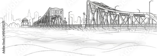 Detailed sketch of a large truss bridge spanning a river with a city skyline
