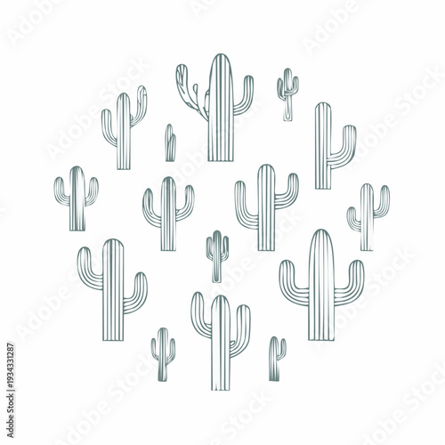 Diverse cactus plant collection in a circular ecology arrangement vector illustration
