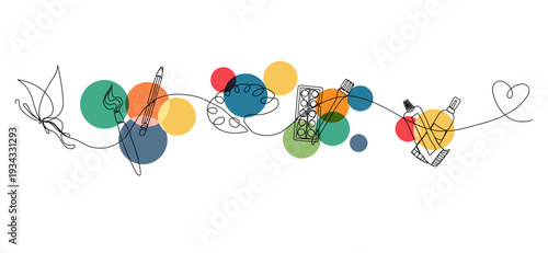 Art supplies in continuous one line art style. Concept of creativity, artistic process, and inspiration. Simple vector illustration