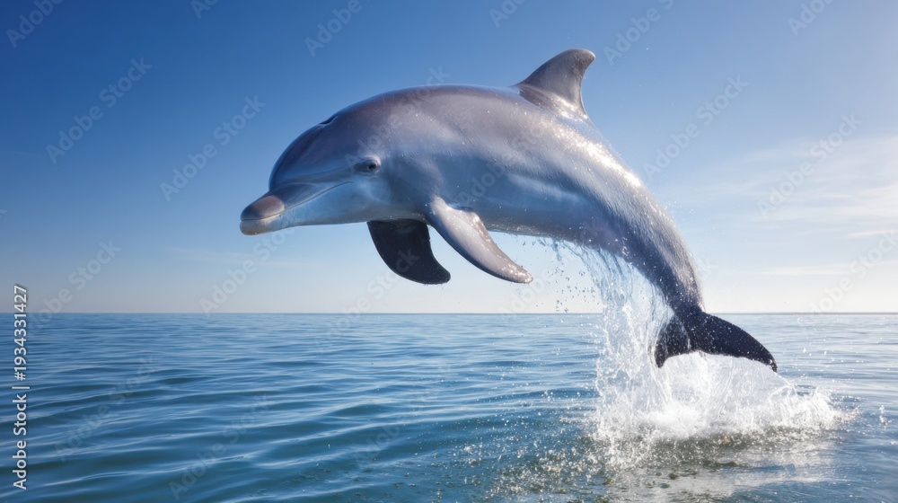 Obraz premium A playful dolphin leaps joyfully out of the sparkling blue ocean waters under a clear sky.